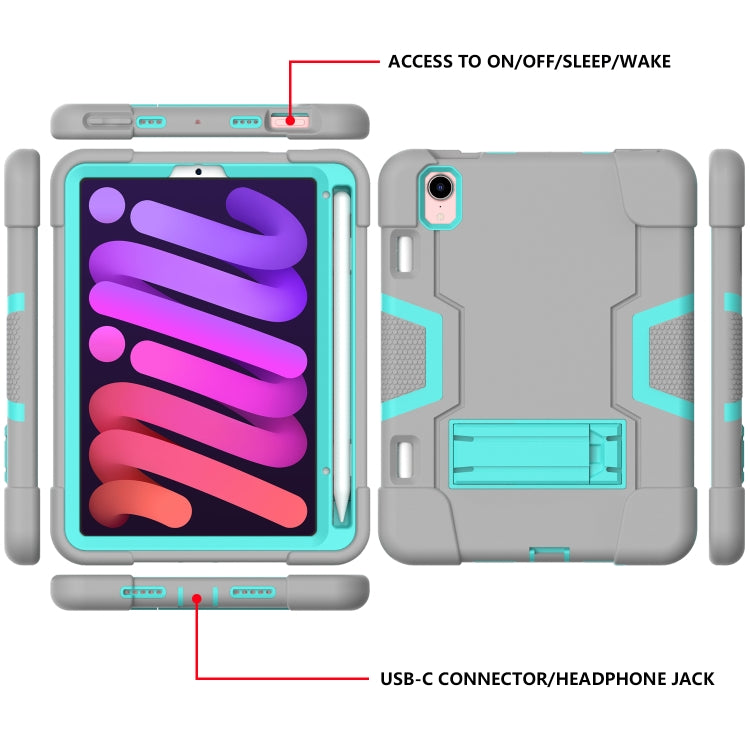 For iPad mini 2024 / mini 6 Contrast Color Robot Shockproof Silicone + PC Protective Tablet Case with Holder & Pen Slot(Grey Mint Green) - iPad mini 6 Cases by buy2fix | Online Shopping UK | buy2fix