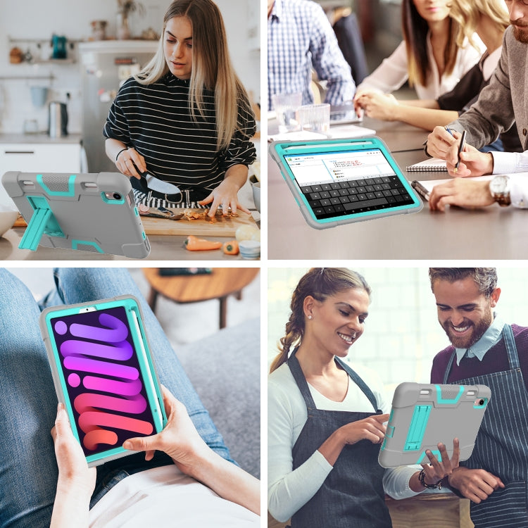For iPad mini 2024 / mini 6 Contrast Color Robot Shockproof Silicone + PC Protective Tablet Case with Holder & Pen Slot(Grey Mint Green) - iPad mini 6 Cases by buy2fix | Online Shopping UK | buy2fix