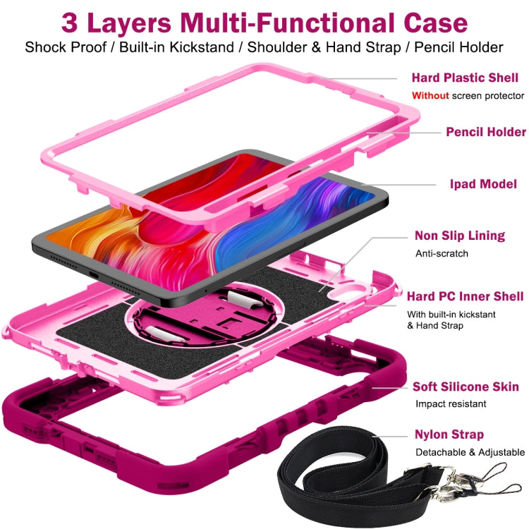 For iPad mini 2024 / mini 6 360 Degree Rotation Contrast Color Shockproof Silicone + PC Tablet Case with Holder & Hand Grip Strap & Shoulder Strap(Rose Red+Pink) - iPad mini 6 Cases by buy2fix | Online Shopping UK | buy2fix