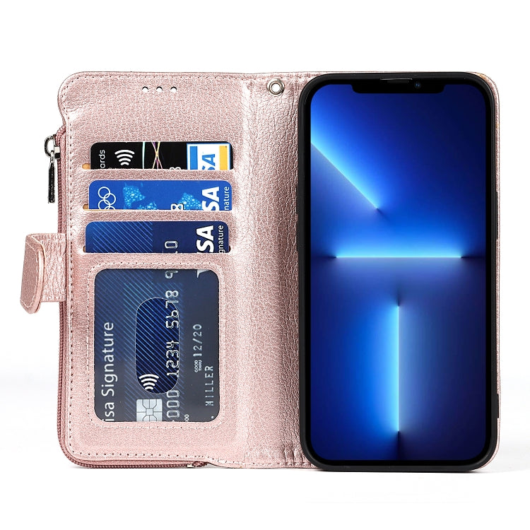 For iPhone 13 Microfiber Zipper Horizontal Flip Leather Case with Holder & Card Slots & Wallet(Rose Gold) - iPhone 13 Cases by buy2fix | Online Shopping UK | buy2fix