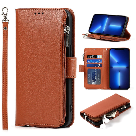 For iPhone 13 Pro Microfiber Zipper Horizontal Flip Leather Case with Holder & Card Slots & Wallet (Brown) - iPhone 13 Pro Cases by buy2fix | Online Shopping UK | buy2fix