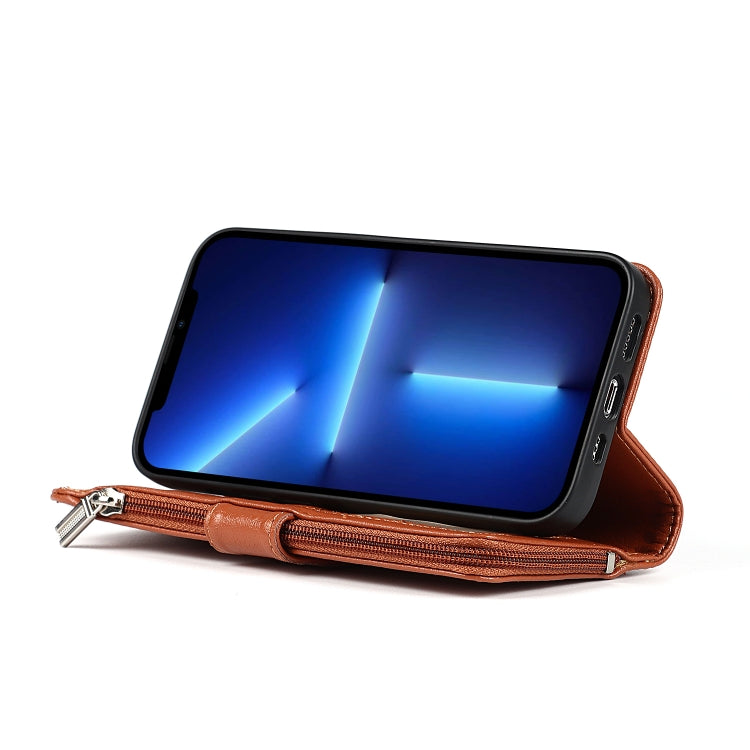 For iPhone 13 Pro Max Microfiber Zipper Horizontal Flip Leather Case with Holder & Card Slots & Wallet (Brown) - iPhone 13 Pro Max Cases by buy2fix | Online Shopping UK | buy2fix