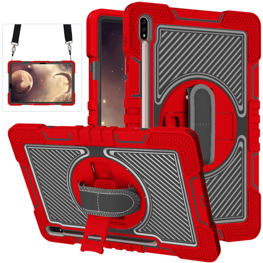 For Samsung Galaxy Tab S7 FE T730 / T735 / Tab S7+ T970 / T975 360 Degree Rotation Contrast Color Shockproof Silicone + PC Case with Holder & Hand Grip Strap & Shoulder Strap(Red+Black) by buy2fix