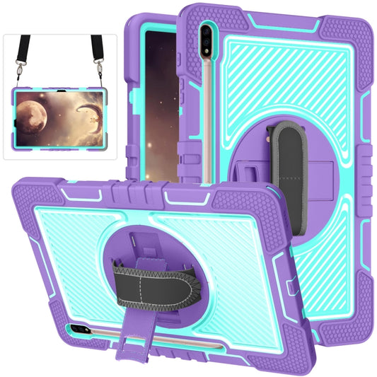For Samsung Galaxy Tab S7 FE T730 / T735 / Tab S7+ T970 / T975 360 Degree Rotation Contrast Color Shockproof Silicone + PC Case with Holder & Hand Grip Strap & Shoulder Strap(Purple + Mint Green) by buy2fix