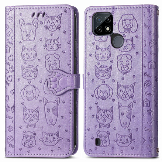 For OPPO Realme C21Y Cat and Dog Embossed Horizontal Flip Phone Leather Case with Holder & Card Slot & Wallet & Lanyard(Purple) - Realme Cases by buy2fix | Online Shopping UK | buy2fix