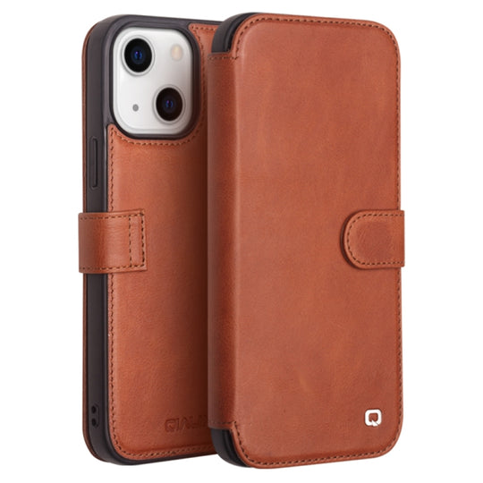 For iPhone 13 QIALINO Magnetic Buckle Phone Leather Case with Card Slot(Brown)