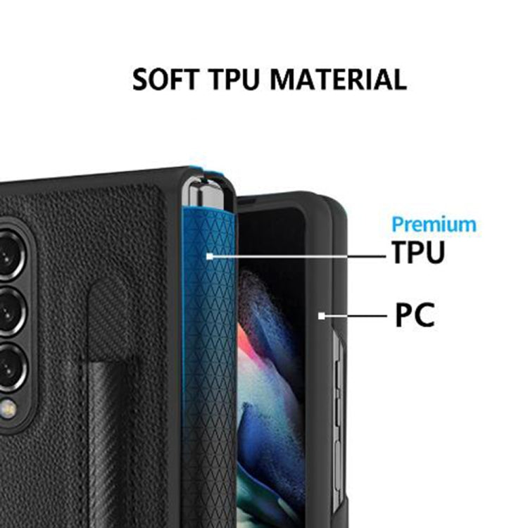 For Samsung Galaxy Z Fold3 5G Litchi Texture Hinge Protection Folding Phone Case with Pen Cover(Black) - Galaxy Phone Cases by buy2fix | Online Shopping UK | buy2fix