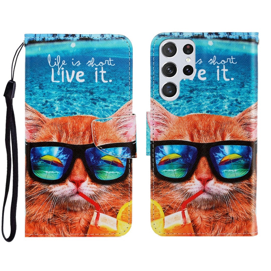 For Samsung Galaxy S22 Ultra 5G 3D Colored Drawing Horizontal Flip Leather Phone Case(Underwater Cat)