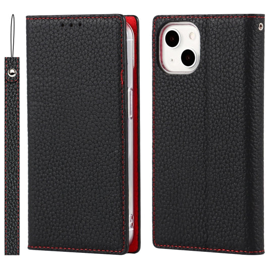 For iPhone 13 Litchi Texture Genuine Leather Phone Case With Lanyard & Holder & Card Slots & Wallet(Black) - iPhone 13 Cases by buy2fix | Online Shopping UK | buy2fix