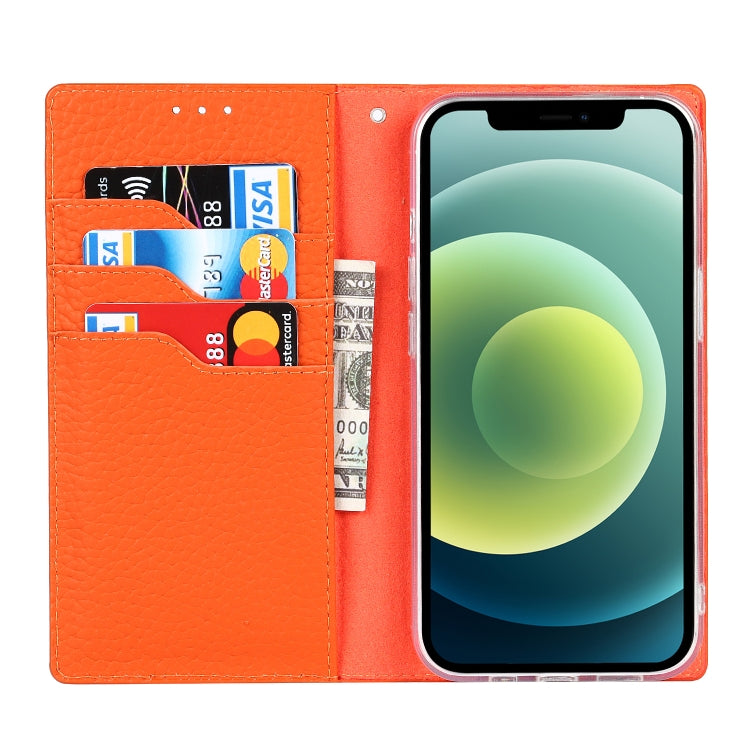 For iPhone 13 Litchi Texture Genuine Leather Phone Case With Lanyard & Holder & Card Slots & Wallet(Orange) - iPhone 13 Cases by buy2fix | Online Shopping UK | buy2fix
