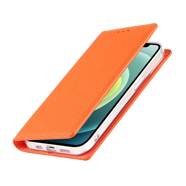 For iPhone 13 Litchi Texture Genuine Leather Phone Case With Lanyard & Holder & Card Slots & Wallet(Orange) - iPhone 13 Cases by buy2fix | Online Shopping UK | buy2fix