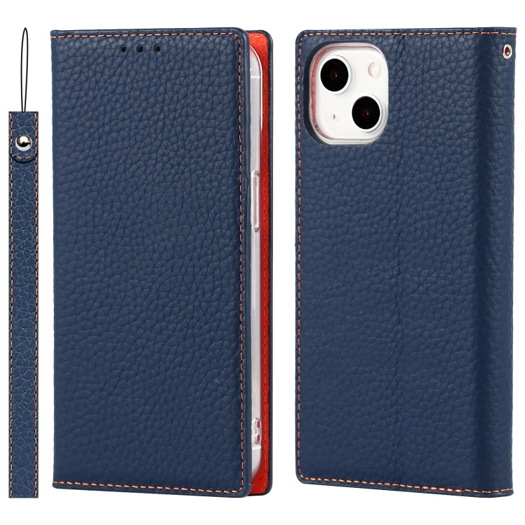 For iPhone 13 Litchi Texture Genuine Leather Phone Case With Lanyard & Holder & Card Slots & Wallet(Dark Blue) - iPhone 13 Cases by buy2fix | Online Shopping UK | buy2fix