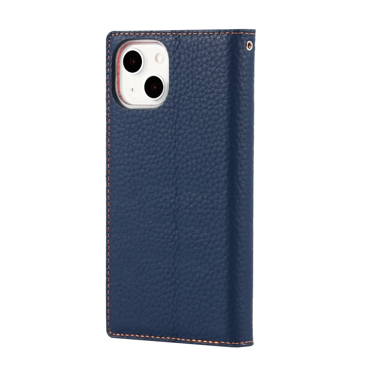 For iPhone 13 Litchi Texture Genuine Leather Phone Case With Lanyard & Holder & Card Slots & Wallet(Dark Blue) - iPhone 13 Cases by buy2fix | Online Shopping UK | buy2fix