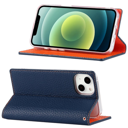 For iPhone 13 Litchi Texture Genuine Leather Phone Case With Lanyard & Holder & Card Slots & Wallet(Dark Blue) - iPhone 13 Cases by buy2fix | Online Shopping UK | buy2fix