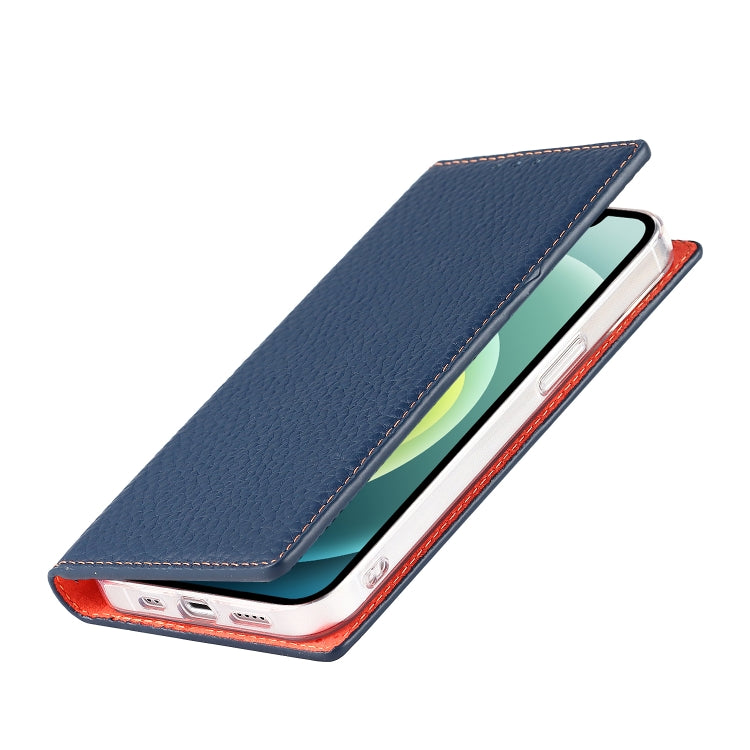For iPhone 13 Litchi Texture Genuine Leather Phone Case With Lanyard & Holder & Card Slots & Wallet(Dark Blue) - iPhone 13 Cases by buy2fix | Online Shopping UK | buy2fix