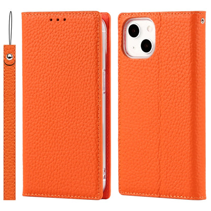 For iPhone 13 mini Litchi Texture Genuine Leather Phone Case With Lanyard & Holder & Card Slots & Wallet (Orange) - iPhone 13 mini Cases by buy2fix | Online Shopping UK | buy2fix