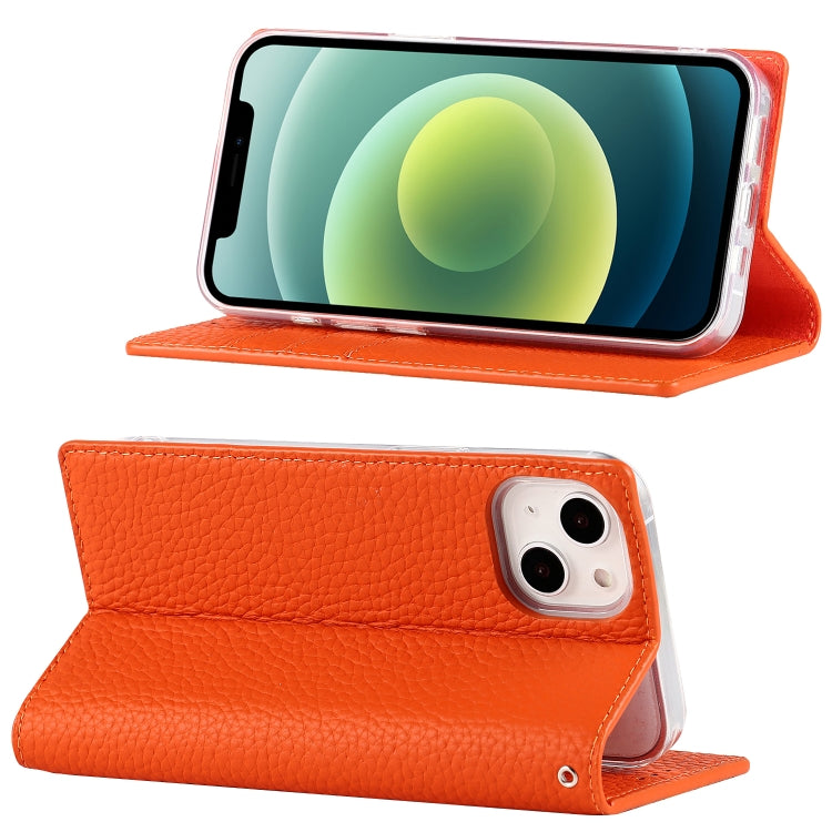For iPhone 13 mini Litchi Texture Genuine Leather Phone Case With Lanyard & Holder & Card Slots & Wallet (Orange) - iPhone 13 mini Cases by buy2fix | Online Shopping UK | buy2fix