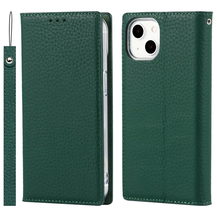 For iPhone 13 mini Litchi Texture Genuine Leather Phone Case With Lanyard & Holder & Card Slots & Wallet (Dark Green) - iPhone 13 mini Cases by buy2fix | Online Shopping UK | buy2fix
