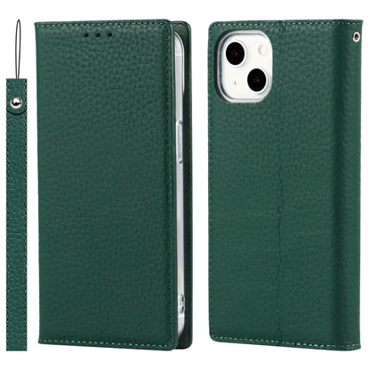 For iPhone 13 mini Litchi Texture Genuine Leather Phone Case With Lanyard & Holder & Card Slots & Wallet (Dark Green) - iPhone 13 mini Cases by buy2fix | Online Shopping UK | buy2fix