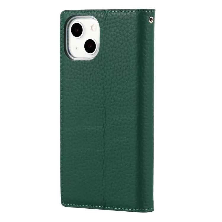 For iPhone 13 mini Litchi Texture Genuine Leather Phone Case With Lanyard & Holder & Card Slots & Wallet (Dark Green) - iPhone 13 mini Cases by buy2fix | Online Shopping UK | buy2fix