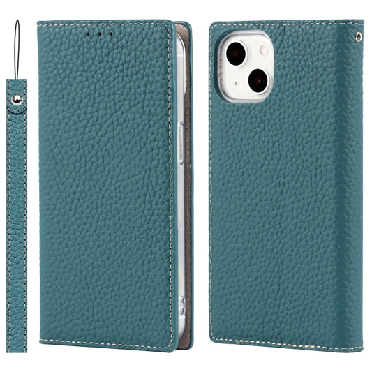 For iPhone 13 mini Litchi Texture Genuine Leather Phone Case With Lanyard & Holder & Card Slots & Wallet (Sky Blue) - iPhone 13 mini Cases by buy2fix | Online Shopping UK | buy2fix