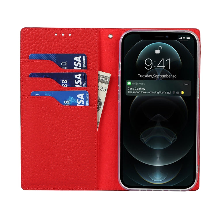 For iPhone 13 Pro Litchi Texture Genuine Leather Phone Case With Lanyard & Holder & Card Slots & Wallet (Red) - iPhone 13 Pro Cases by buy2fix | Online Shopping UK | buy2fix