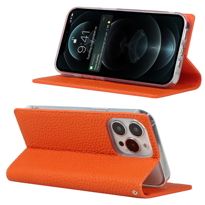 For iPhone 13 Pro Litchi Texture Genuine Leather Phone Case With Lanyard & Holder & Card Slots & Wallet (Orange) - iPhone 13 Pro Cases by buy2fix | Online Shopping UK | buy2fix