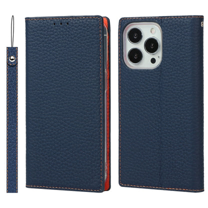For iPhone 13 Pro Litchi Texture Genuine Leather Phone Case With Lanyard & Holder & Card Slots & Wallet (Dark Blue) - iPhone 13 Pro Cases by buy2fix | Online Shopping UK | buy2fix