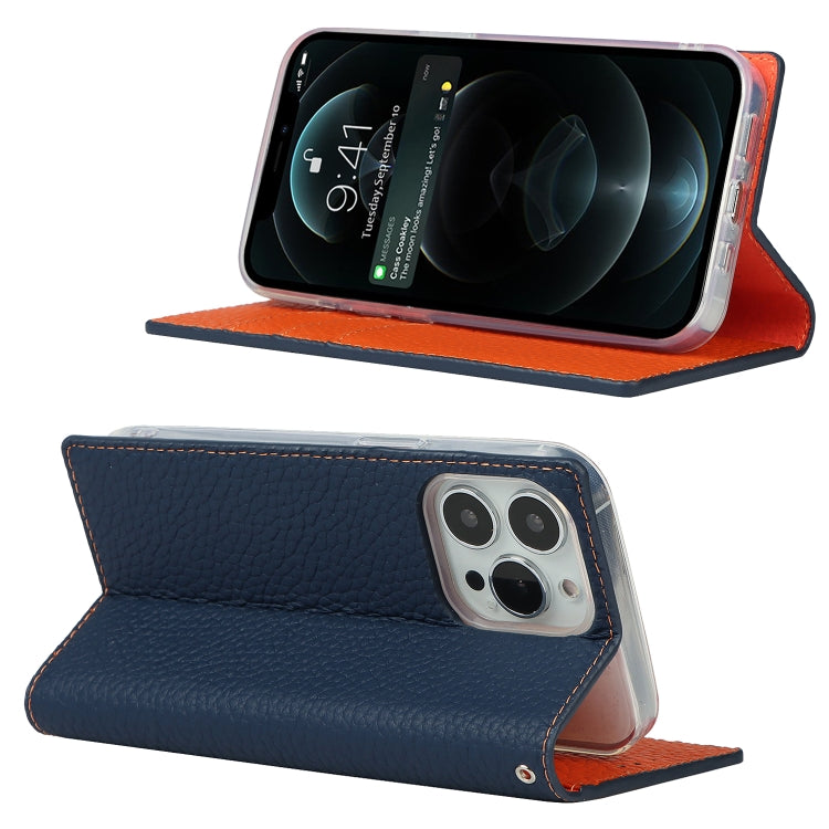 For iPhone 13 Pro Litchi Texture Genuine Leather Phone Case With Lanyard & Holder & Card Slots & Wallet (Dark Blue) - iPhone 13 Pro Cases by buy2fix | Online Shopping UK | buy2fix