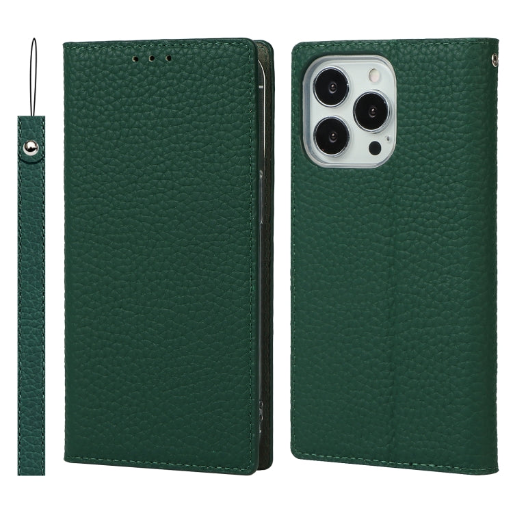 For iPhone 13 Pro Litchi Texture Genuine Leather Phone Case With Lanyard & Holder & Card Slots & Wallet (Dark Green) - iPhone 13 Pro Cases by buy2fix | Online Shopping UK | buy2fix