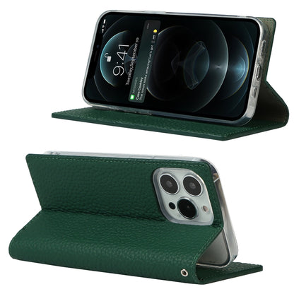 For iPhone 13 Pro Litchi Texture Genuine Leather Phone Case With Lanyard & Holder & Card Slots & Wallet (Dark Green) - iPhone 13 Pro Cases by buy2fix | Online Shopping UK | buy2fix