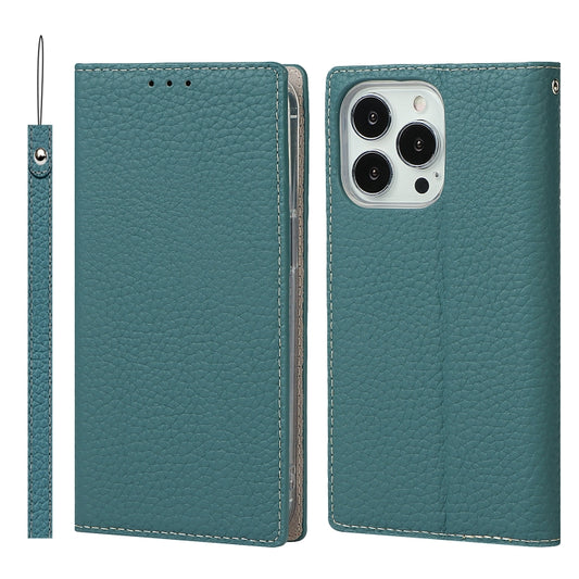 For iPhone 13 Pro Litchi Texture Genuine Leather Phone Case With Lanyard & Holder & Card Slots & Wallet (Sky Blue) - iPhone 13 Pro Cases by buy2fix | Online Shopping UK | buy2fix
