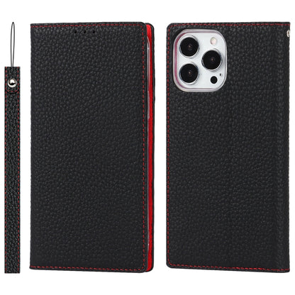 For iPhone 13 Pro Max Litchi Texture Genuine Leather Phone Case With Lanyard & Holder & Card Slots & Wallet (Black) - iPhone 13 Pro Max Cases by buy2fix | Online Shopping UK | buy2fix