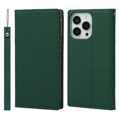 For iPhone 13 Pro Max Litchi Texture Genuine Leather Phone Case With Lanyard & Holder & Card Slots & Wallet (Dark Green) - iPhone 13 Pro Max Cases by buy2fix | Online Shopping UK | buy2fix