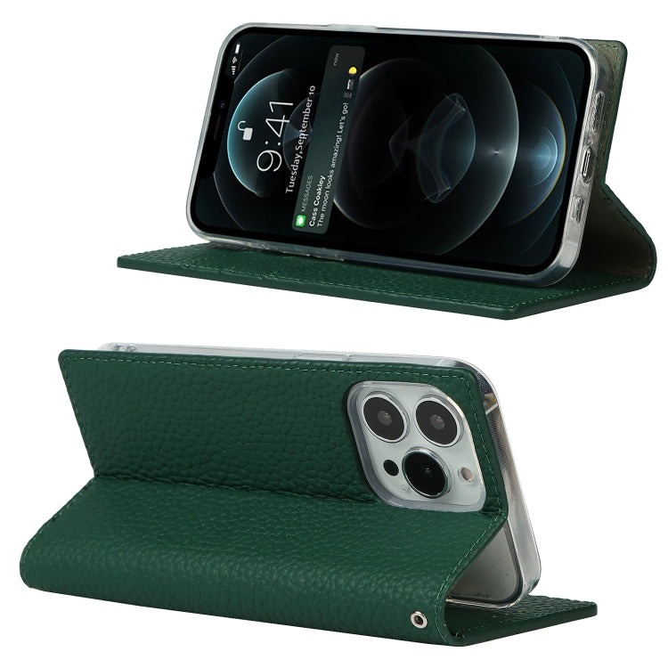 For iPhone 13 Pro Max Litchi Texture Genuine Leather Phone Case With Lanyard & Holder & Card Slots & Wallet (Dark Green) - iPhone 13 Pro Max Cases by buy2fix | Online Shopping UK | buy2fix