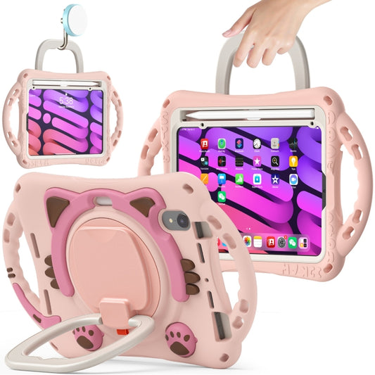 For iPad mini 6 / mini 2024 Cute Cat King Kids Shockproof Silicone Tablet Case with Holder & Shoulder Strap & Handle(Pink) - iPad mini 6 Cases by buy2fix | Online Shopping UK | buy2fix