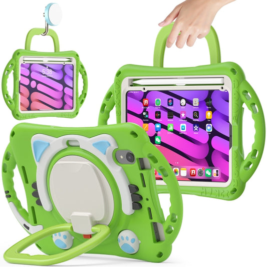 For iPad mini 6 / mini 2024 Cute Cat King Kids Shockproof Silicone Tablet Case with Holder & Shoulder Strap & Handle(Green) - iPad mini 6 Cases by buy2fix | Online Shopping UK | buy2fix
