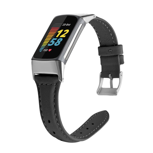For Fitbit Charge 5 FC5-18 Leather Strap Watch Band, Size:S(Black) - Watch Bands by buy2fix | Online Shopping UK | buy2fix