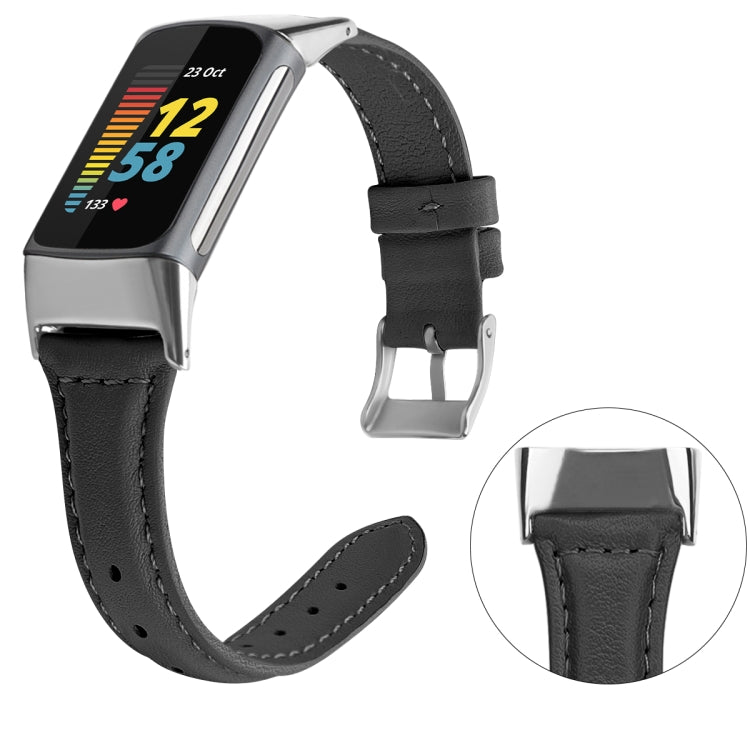 For Fitbit Charge 5 FC5-18 Leather Strap Watch Band, Size:S(Black) - Watch Bands by buy2fix | Online Shopping UK | buy2fix