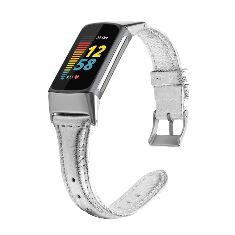 For Fitbit Charge 5 FC5-18 Leather Strap Watch Band, Size:S(Silver) - Watch Bands by buy2fix | Online Shopping UK | buy2fix