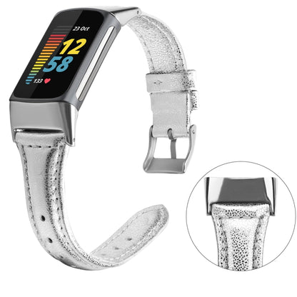 For Fitbit Charge 5 FC5-18 Leather Strap Watch Band, Size:S(Silver) - Watch Bands by buy2fix | Online Shopping UK | buy2fix