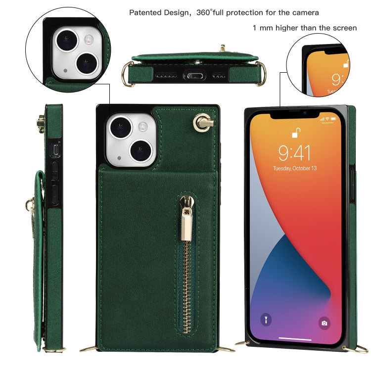 For iPhone 13 Cross-body Zipper Square Phone Case with Holder(Green) - iPhone 13 Cases by buy2fix | Online Shopping UK | buy2fix