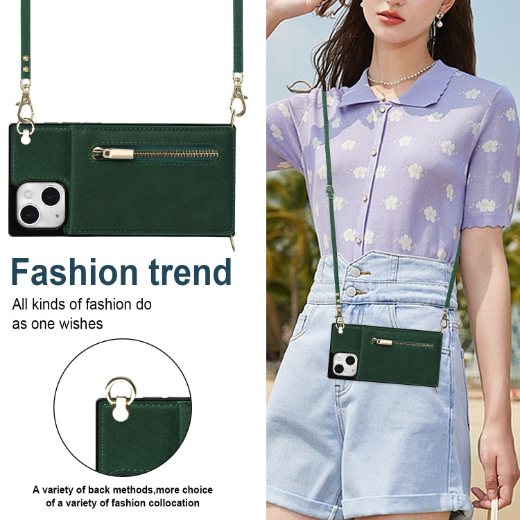 For iPhone 13 Cross-body Zipper Square Phone Case with Holder(Green) - iPhone 13 Cases by buy2fix | Online Shopping UK | buy2fix