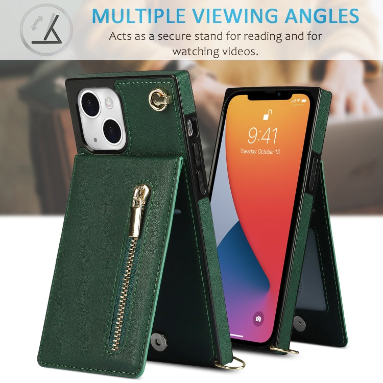 For iPhone 13 Cross-body Zipper Square Phone Case with Holder(Green) - iPhone 13 Cases by buy2fix | Online Shopping UK | buy2fix