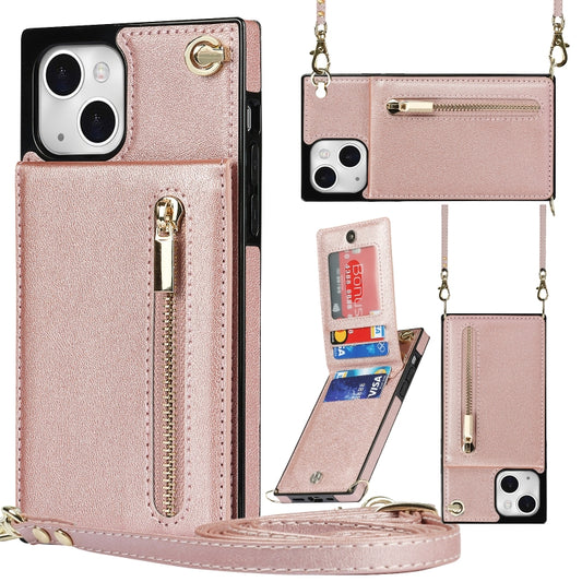 For iPhone 13 Cross-body Zipper Square Phone Case with Holder(Rose Gold) - iPhone 13 Cases by buy2fix | Online Shopping UK | buy2fix