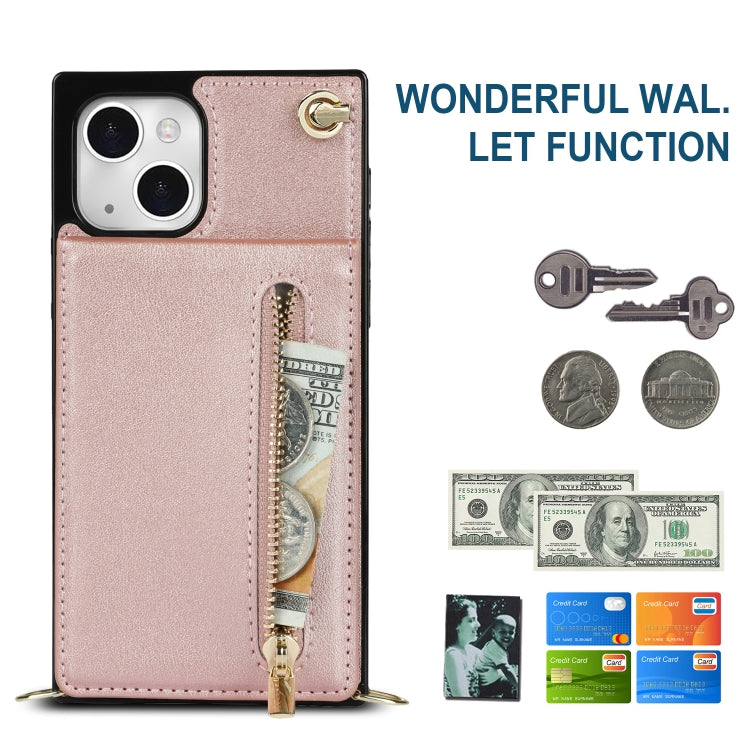 For iPhone 13 Cross-body Zipper Square Phone Case with Holder(Rose Gold) - iPhone 13 Cases by buy2fix | Online Shopping UK | buy2fix