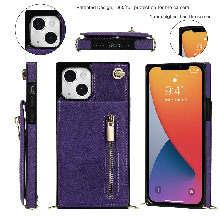 For iPhone 13 Cross-body Zipper Square Phone Case with Holder(Purple) - iPhone 13 Cases by buy2fix | Online Shopping UK | buy2fix