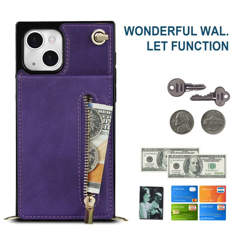 For iPhone 13 Cross-body Zipper Square Phone Case with Holder(Purple) - iPhone 13 Cases by buy2fix | Online Shopping UK | buy2fix