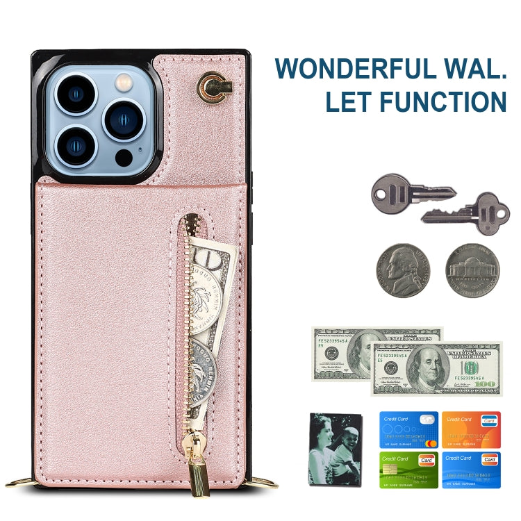 For iPhone 13 Pro Cross-body Zipper Square Phone Case with Holder (Rose Gold) - iPhone 13 Pro Cases by buy2fix | Online Shopping UK | buy2fix