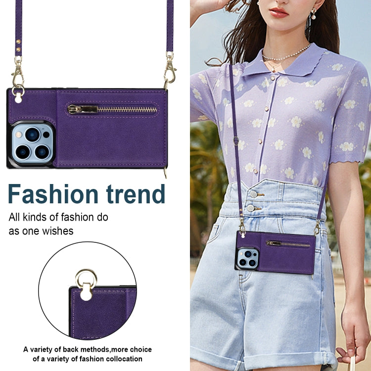 For iPhone 13 Pro Cross-body Zipper Square Phone Case with Holder (Purple) - iPhone 13 Pro Cases by buy2fix | Online Shopping UK | buy2fix